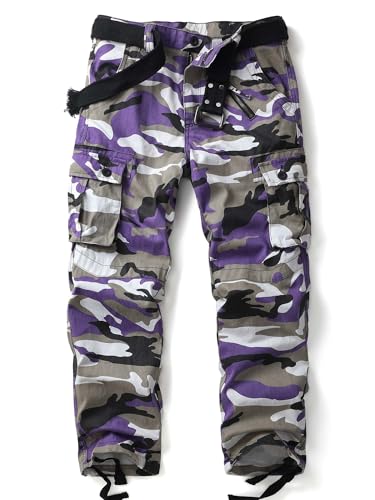 AKHIKING Men's Casual Cargo Work Cotton Pants Hiking Military Outdoor Wild Combat Trousers with 6 Pockets Purple Camo 30x32