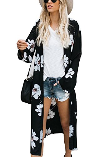 Walant Robe de Plage Femmes Grand Châle Gilets Plage Longue Kimono Bikini Cover Up Tunique en Mousseline de Soie Casual Floral Light Airy Beachwear Cardigan, Noir 2, Taille unique