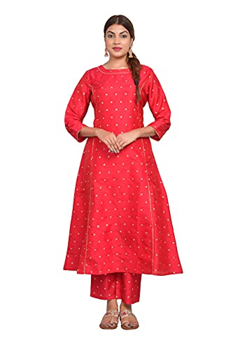 Image of Riara Art Silk Women Long Anarkali Kurti with Pant Polka Dot A-line Ladies Ethnic Wear Dress