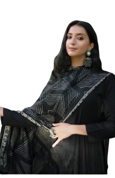Rayon Plain Anarkali Kurti Set with Pant and Dupatta, Black, Chanderi Cotton Dupatta, Fully Stitched, Size M-L-XL