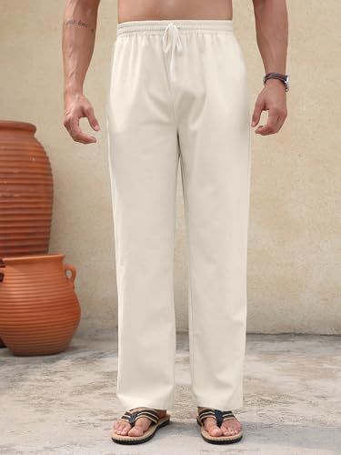PLEPAN Men's Linen Pants Elastic Waist Drawstring Casual Summer Beach Lightweight Yoga Trousers Loose Fit3