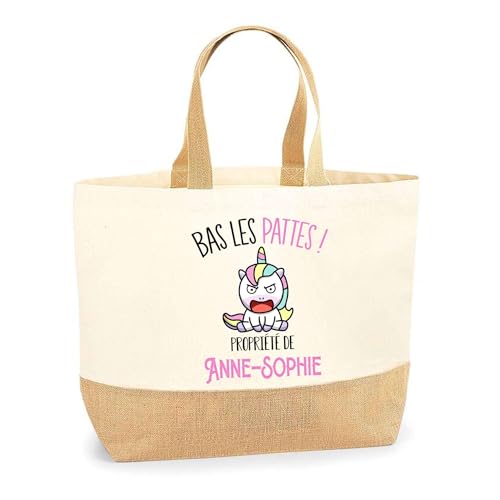 Sac jute Anne-Sophie Bas les pattes Licorne grand cabas de plage en toile