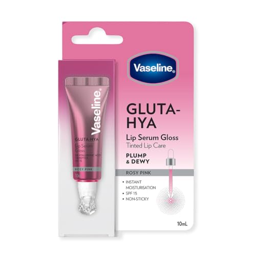 Image of Vaseline Gluta-Hya Rosy Pink Lip Gloss, Serum Lip Care with Hyaluronic Acid and GlutaGlow Technology, Tints, Plumps and Protects with SPF15 for Plumper Lips | 10 ml