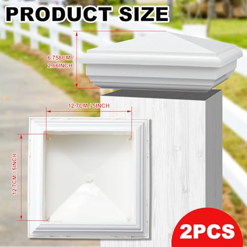 Sasylvia 2 Pcs 5 x 5 Inch Vinyl Fence Post Caps (Actual 5x5), White PVC England Style Cap Top Pyramid Square Waterproof UV Resistant Decorative Vinyl Fence Post Caps
