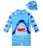 12-18 Months Baby Boys Swimsuit Toddler One Piece Rash Guard Bathing Suit Shark Long Sleeve Sunsuit with Hat...