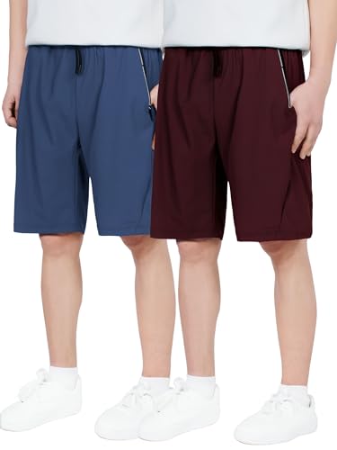 CAMLAKEE 2 Pack Boys Quick Dry Shorts Kids Sports Short Trousers Summer Training Shorts with Zip Pockets Dblue Datered UK:15-16 Years (manufacturers's Size: 180)