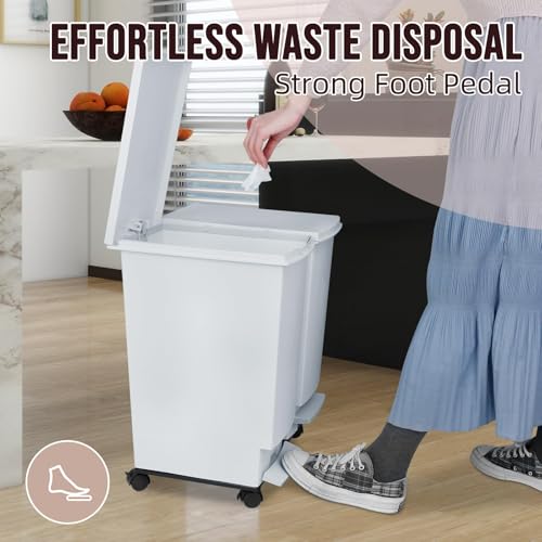 Image of Large Trash Can with Wheels and Lid, 8 Gallon Kitchen Foot Pedal Garbage Can with 360 Swivel Casters, Hands Free Step On Recycling White Trash Can - Odor Block, Durable Metal Wheel Base, 2Pack