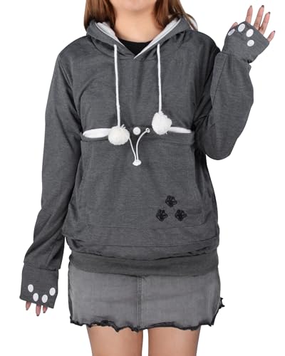 besbomig Women Hoodie with Pet Big Pouch - Lightweight Cozy Faux Fleece Long Sleeve Casual Warm Sweatshirt Pullover Hoodies Tops for Autumn Winter Grey