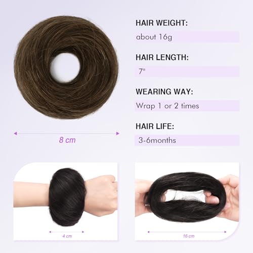 SOFEIYAN Human Hair Bun 100% Real Human Hair 16g Messy Bun Natural Tousled Stretchy Fluffy Donut Updo Elegant Chignon with Elastic Rubber Band Fake Bun Hair Piece for Women - Dark Brown