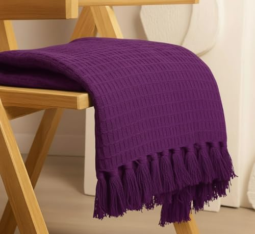 Image of Furnistitchs Bohemian Cotton Sofa Throw Blanket 50x60 inches | Waffle Knit & Chevron Pattern with Fringes | Aesthetic Decorative Couch Throw for Living Room & Bedroom (Wine)
