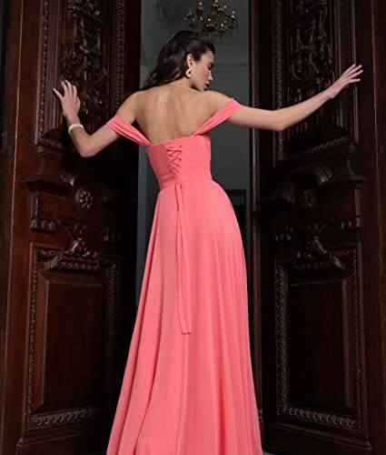 Mauuwy Off Shoulder Red Bridesmaid Dresses For Wedding With Slit Long Chiffon Formal Dresses With Pockets Sexy Simple Maxi Dresses 8 #TOP2