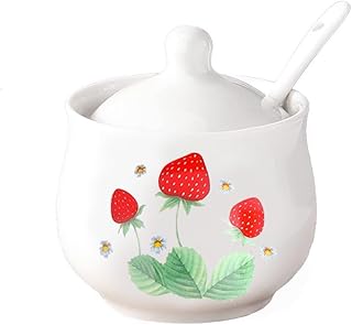 Ceramic Strawberry Sugar Bowl Storage Jar with Lid and Spoon,1pcs