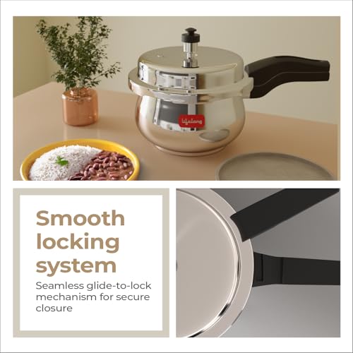 Lifelong Stainless Steel Curve Pressure Cooker 2Liters | Induction & Gas Stove Compatible with Outer Lid, ISI Certified & Lock System | Safe &... - Image 6