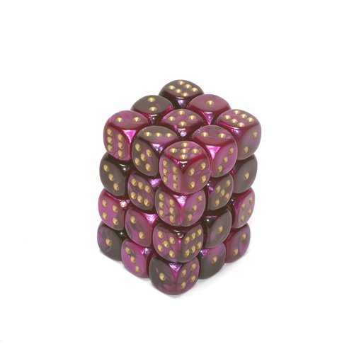 Chessex Dice d6 Sets: Gemini Black & Purple with Gold - 12mm Six Sided Die (36) Block of Dice