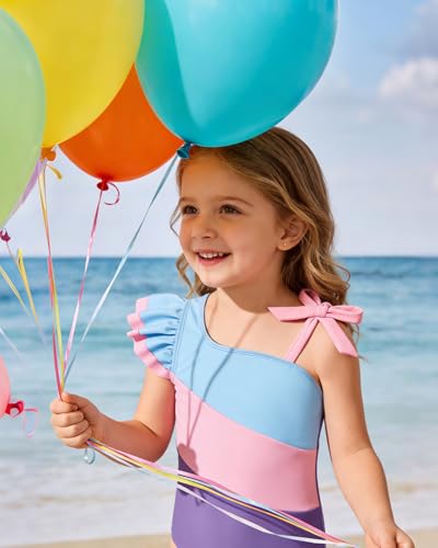 Image of Redair Toddler Girl One Piece Swimsuit Color Block with Ruffled Sleeve Straps Swimwear Bathing Suit for Baby Girl 12M-6Years