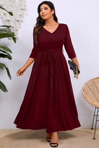 Image of Runwind Plus Size Dress for Women - 3 /4 Sleeve V Neck Maxi Dresses for Women (XL-6XL)