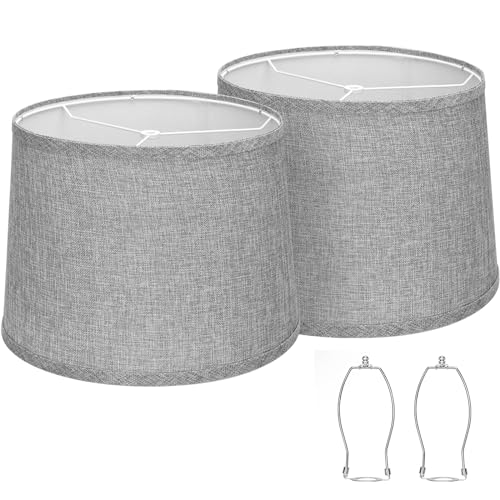 Image of Drum Lampshades Set of 2, 11.6 inch Top x 12.6 inch Bottom x 9.8 inch High Lamp Shades for Table Lamps, Bedside Lamps, Floor Lamps, Gray Fabric Lampshade, Easy Assembly Lamp shade Replacement, Spider Fitter