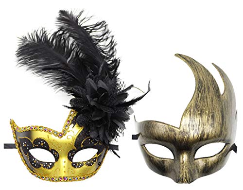Costume Mask Feather Masquerade Mask Halloween Mardi Gras Cosplay Party Masque (Couple Gold Black)