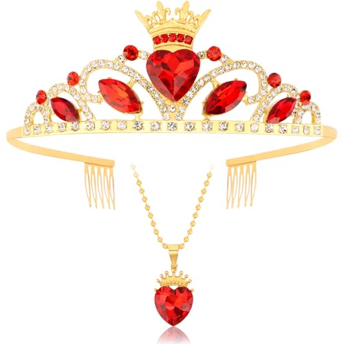 Tihebax Queen of Hearts Crown and Necklace Set for Adult Women Hair Accessories Red Heart Crystal Tiara for Women - Princess Peach Crown Descendants Inspired Costume Accessories for Halloween Parties and Cosplay