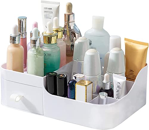 Amazon Brand – Umi-1 Pc Makeup Organiser Cosmetic Storage Box With Drawer Plastic Case Holder For Home, Dressing Table, Nail Polish, Brushes, Skincare, Lotions, Perfumes (color-White, ABS Plastic)