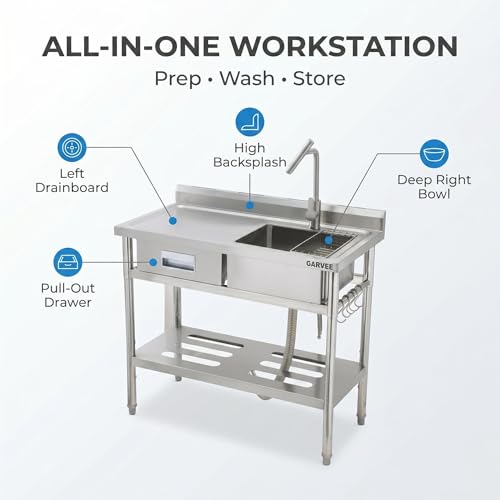 Image of Freestanding Stainless Steel Utility Sink with Hot & Cold Pull-Out Faucet, Large Capacity Laundry Sink with Storage Shelf & Drain Kit for Garage Kitchen Backyard Commercial Use