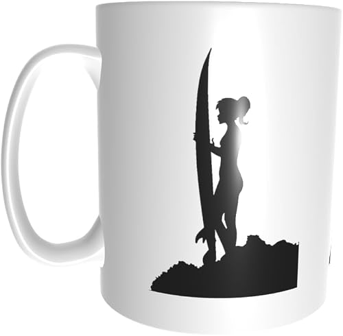 Pandok White Ceramic Mug - People - Sport : Girl Surfer In Profile Holding Surfboard Silhouette In Black - Single Mug