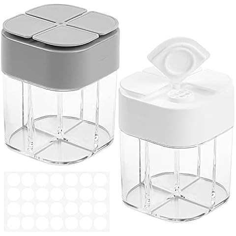 TUZAZO 2 Pack 4 In 1 Plastic Salt and Pepper Shaker, Portable Spice Jars with Flapper Lids and Labels, Transparent Seasoning Powder Containers for BBQ Camping and Picnic Cover