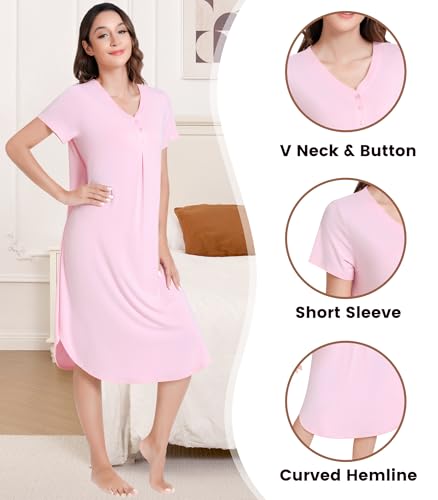 Image of NACHILA Bamboo Viscose Nightgowns for Women Short Sleeve V Neck Sleepwear