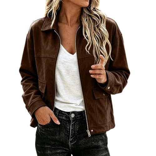 TERGHTP Women's Faux Suede Jacket Lapel Collar Zip Up Leather Fall Jacket - image 5