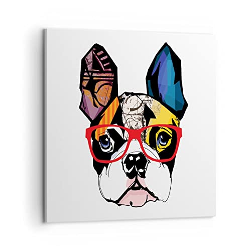 Deco Cadre Décoration Salon Chien Lunettes de vue coloré bouledogue Moderne Impression sur Toile 50x50cm Image Tableau Decoration Murale Chambre Carré Art Wall...