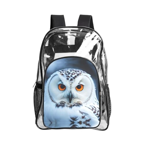 Bolsa de libros de PVC transparente con bolsillo lateral y estampado de búho nevado