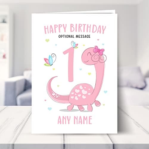 Birthday card for a girl, granddaughter, big sister, niece or little sister - Dinosaur card for little girls first birthday when she is 1 today. - Pink Dinosaur 1st Birthday Card for sister/daughter