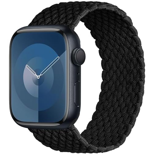 Stretchy Braided Solo Loop Compatible with Apple Watch Band Series 9 8 7 6 5 4 3 38mm 40mm 41mm 42mm 44mm 45mm 49mm for Women Men, Cute Nylon Elastic Sport Strap for iWatch SE/Ultra 1/2 Blac
