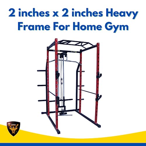 Image of Gamma Fitness Steel Power Squat Rack PR-27 with LATS Pull Down, Rowing Land Mine, Multi-Step Chinning for Home Gym Or Commercial Gym Purpose (Red, Black)