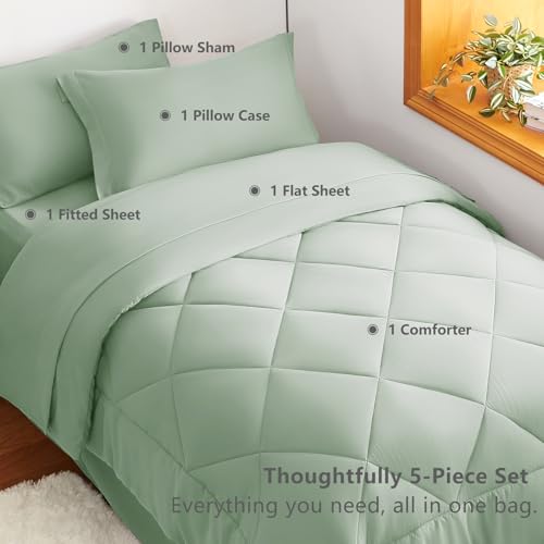 Image of CozyLux Twin Comforter Set with Sheets Sage Green - 5 Pieces Bed in a Bag Twin, All Season Bed Set for Girls and Boys, Bedding Set with Down Alternative Comforter, Sheets, Pillowcase & Sham
