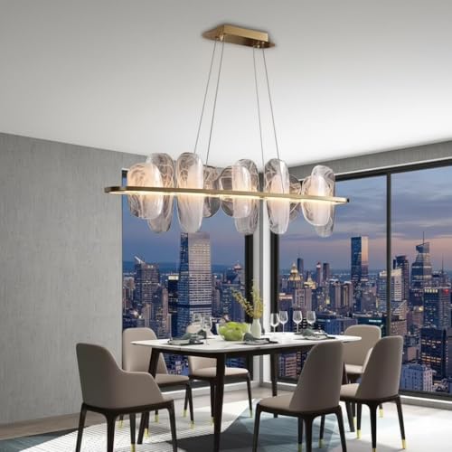 Image of Crystal Ripple Glow Linear Chandelier|3-Color Light Options Luxury-Metal Glass LED Pendant Light for Dining Room, Living Room, Kitchen Island
