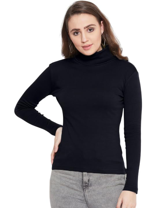 Image of ALONE EAGLE Stylish Black Turtle Neck Cotton Solid Tshirt for Women