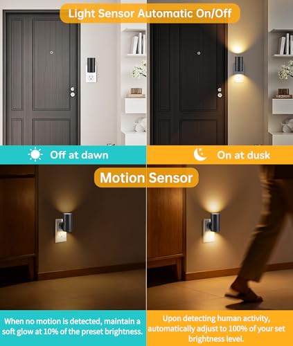 Image of Motion Sensor LED Night Light Plug in,5-300lm Adjustable Brightness,2 Pack | Dusk to Dawn Sensor,Dimmable,Soft White 3000K,for Bedroom,Bathroom,Stairs,Hallway