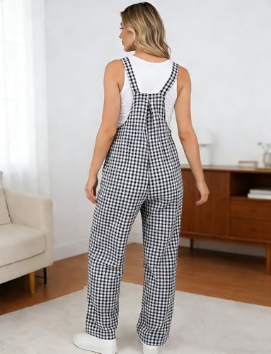 FEOYA Overalls für Schwangere Damen Umstands Lockere Freizeit Jumpsuit Karo Print Latzhose mit Taschen M
