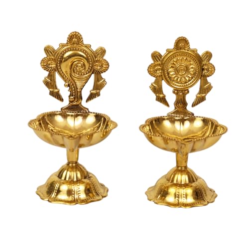 Spillbox Brass Diya for Puja | Pooja Aarti | Arti Deepak Deepam Oil Lamp for Home Temple Puja Articles Decor Gifts - Shanku Chakra Star Diya Set , Medium, Gold