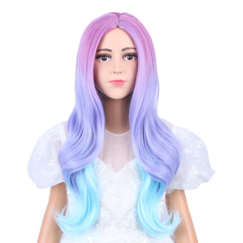 Image of Rainbow Wig for Kids Long Colorful Middle Part Wig for Girls Multi-color Wavy Curly Wigs for Children Purple Pink Wigs Heat Resistant Synthetic Hair with Cap