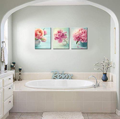 Nachic Wall 3 Piece Floral Pictures Canvas Artwork Prints Pink Rose Flower In Vase Pictures Wall Art On Wrapped Canvas Vintage Bathroom Bedroom Teal Decor Gallery Canvas Wrapped Ready To Hang #TOP1