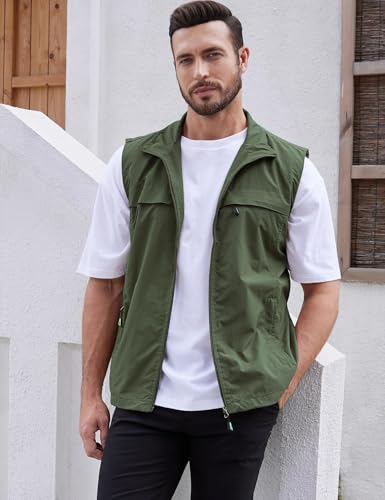 Gihuo Men\'s Lightweight Quick Dry Outdoor Multi Pockets Fishing Vest (US, Alpha, X-Large, Regular, Regular, Style3-Army Green)