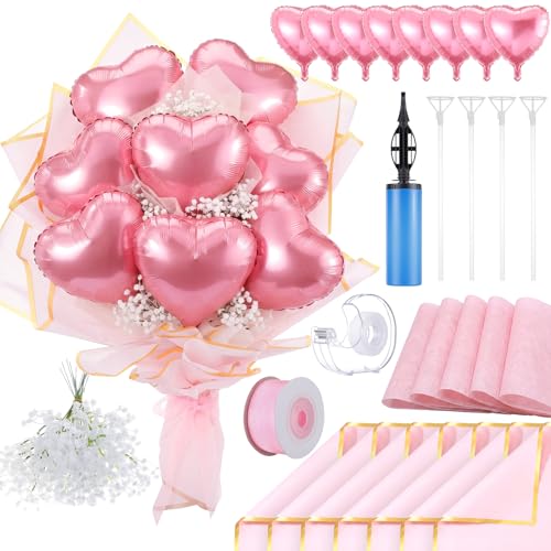 Qeeenar DIY Heart Balloon Bouquet Kit, 8Pcs Foil Heart Balloons with Baby's Breath Flowers, Wrapping Paper & Ribbon, Balloon Flower Bouquet Making Kit for Birthday Anniversary(Pink)