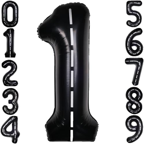 Image of Race Car 40 Inch Black 1 Big Balloon Large Number 0-9 | Track Giant Digital 1st Foil Mylar Party Balloons for Men Birthday Car Theme Party Anniversary Graduation Decorations