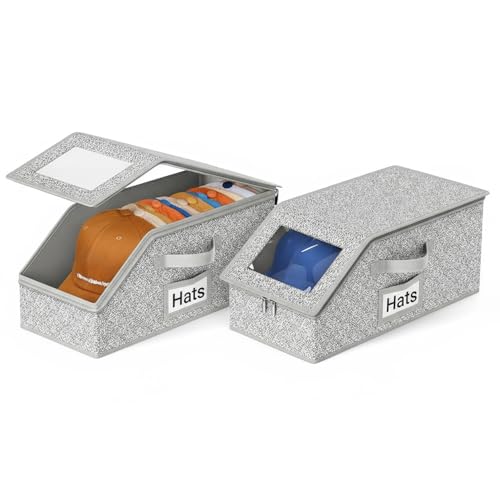 2 PCS Stackable Hat Storage Boxes for Baseball Caps – Holds Up to 24 Hats, Clear Front Hat Organizer with Zipper & Cardboard Support, Space-Saving Cap Storage for Closet, Bedroom, and Travel (Grey)