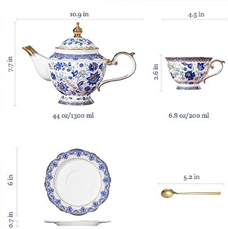 ACMLIFE Bone China Tea Set for Adults, Blue and White Tea Set for 4, Porcelain Vintage Floral China Tea Sets for Women Gift with Teapot (Blue and White)