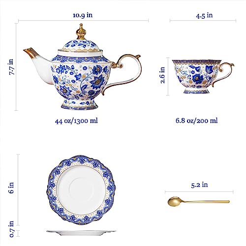 ACMLIFE Bone China Tea Set for Adults, Blue and White Tea Set for 4, Porcelain Vintage Floral China Tea Sets for Women Gift with Teapot (Blue and White)