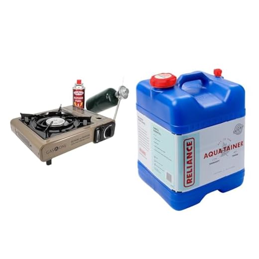 Gas One GS-3400P Propane or Butane Stove Dual Fuel Stove Portable Camping Stove - Patent Pending & Reliance Products Aqua-Tainer 7 Gallon Rigid Water Container, Blue, 11.3 x 11.0 x 15.3 Inch