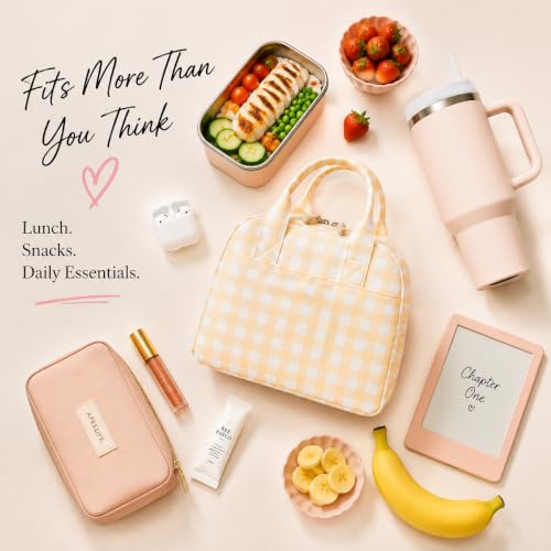 Image of LOVELYWIND Lunch Box for Women,Insulated Lunch Bag,Yellow Plaid Tote 9L
